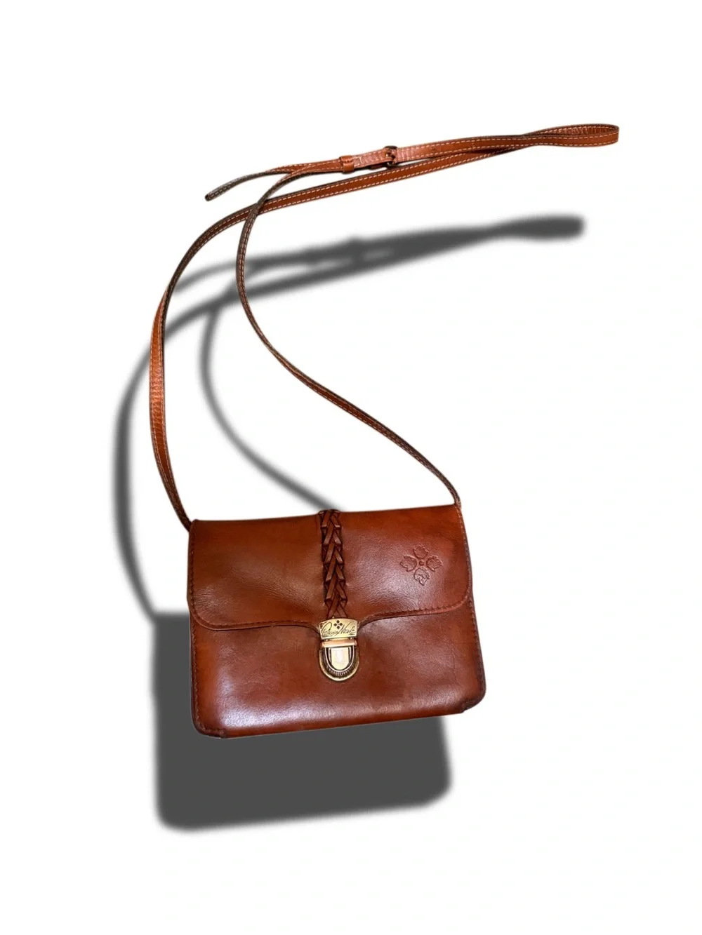 Patricia Nash Brown Leather Crossbody Bag with Gold Clasp and Braided Detail